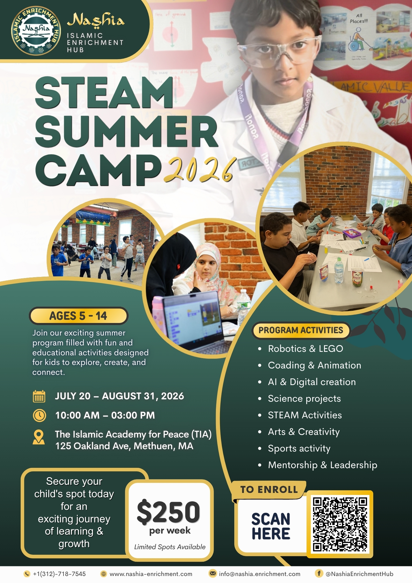 Nashia STEAM Summer Camp 2026 flyer - Ages 5-14, July 20 to August 31